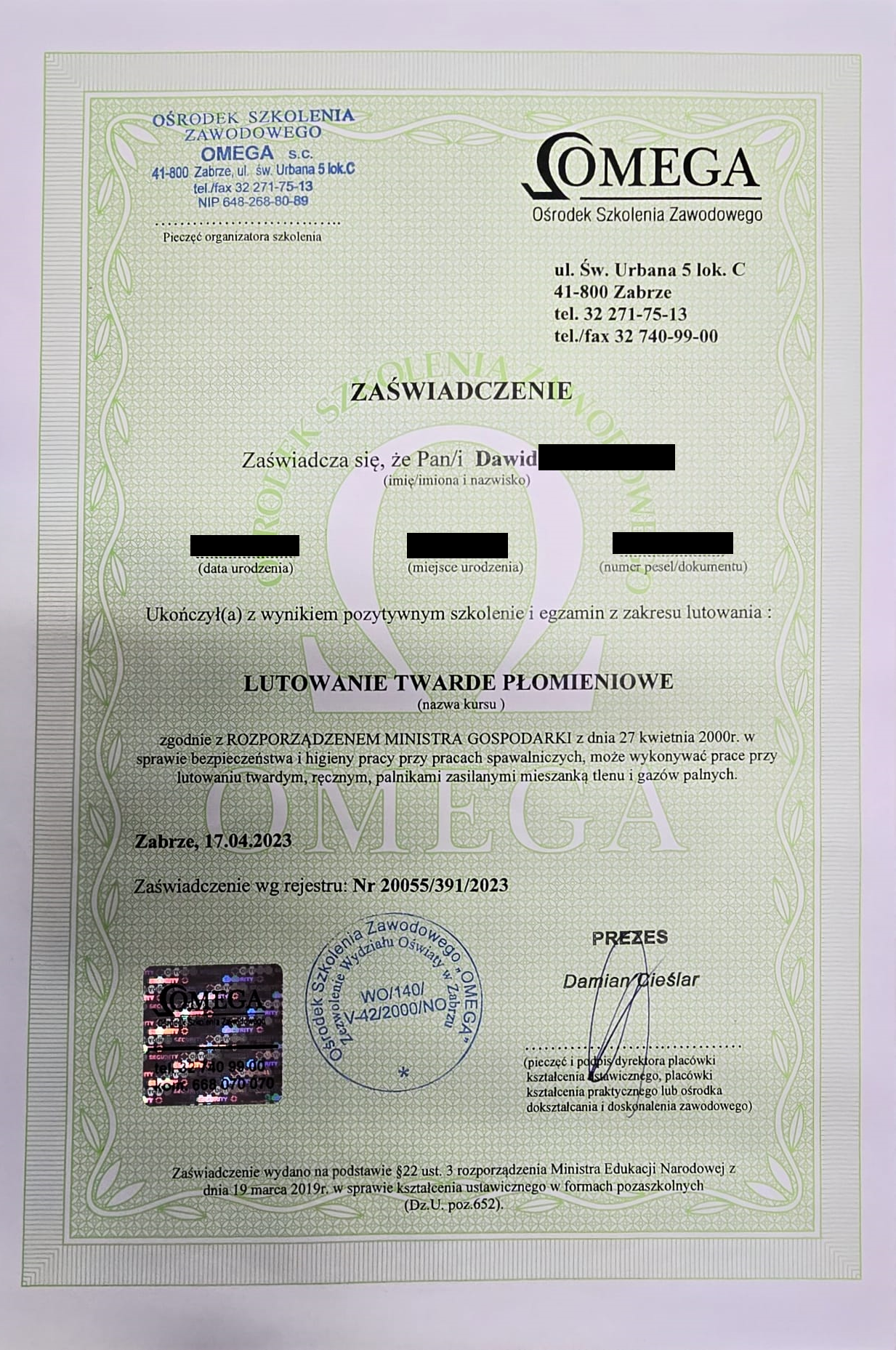 Certyfikat Lutowanie - Dawid